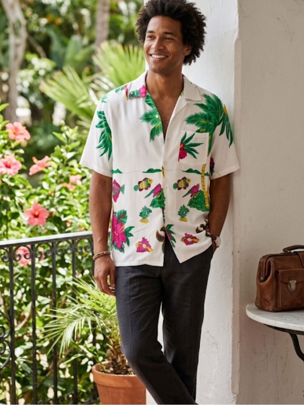 Bonanza Vintage Bonanza Hawaiian Shirt Men White Palm Tree Fish Tropical Unisex